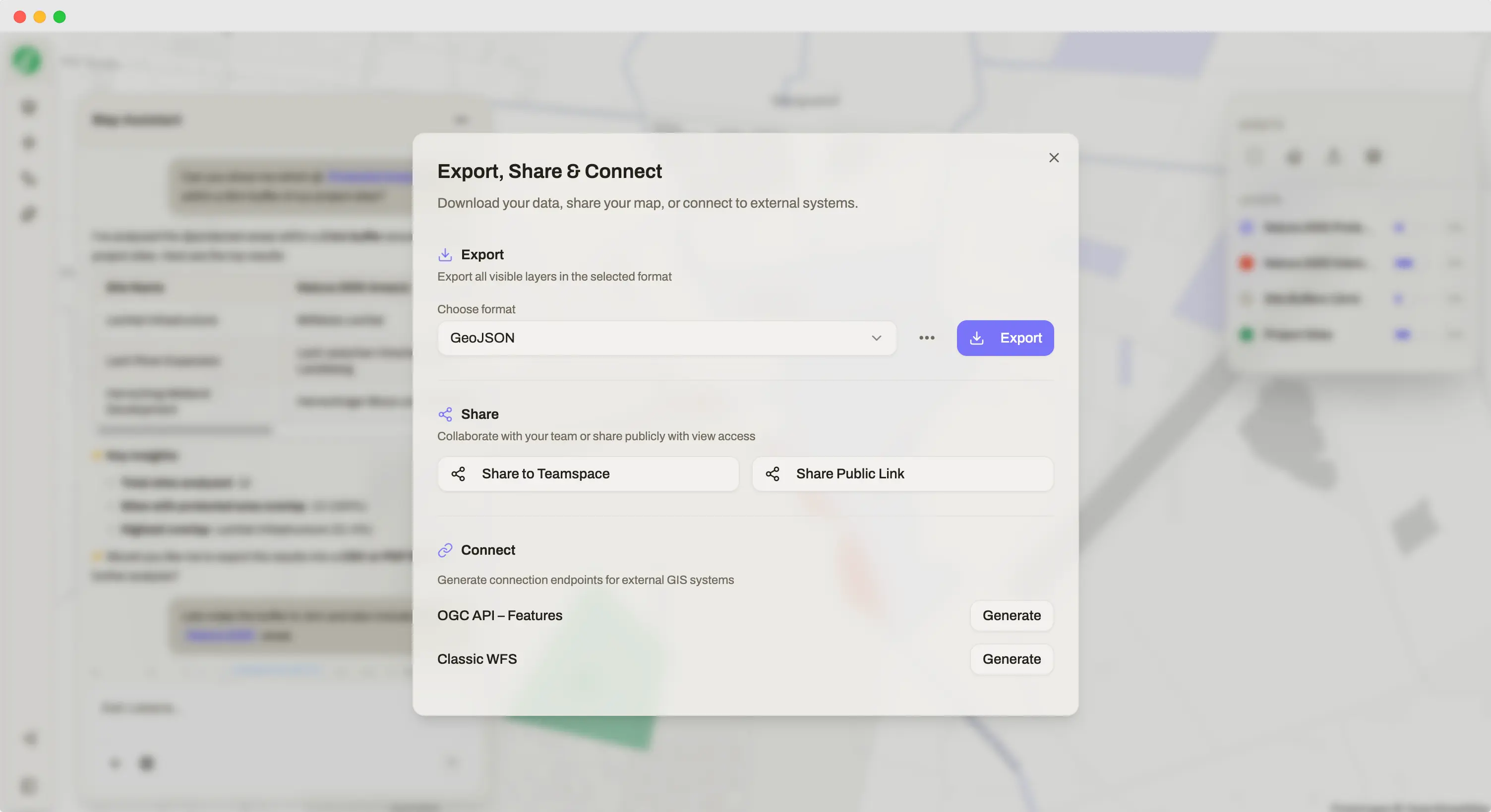 Leeana AI Export, Share & Connect interface